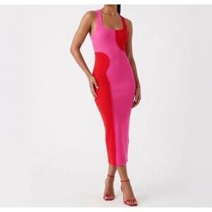 Naked Wardrobe Pink Red Colorblock Ribbed Midi Dress Racerback Bodycon NWOT